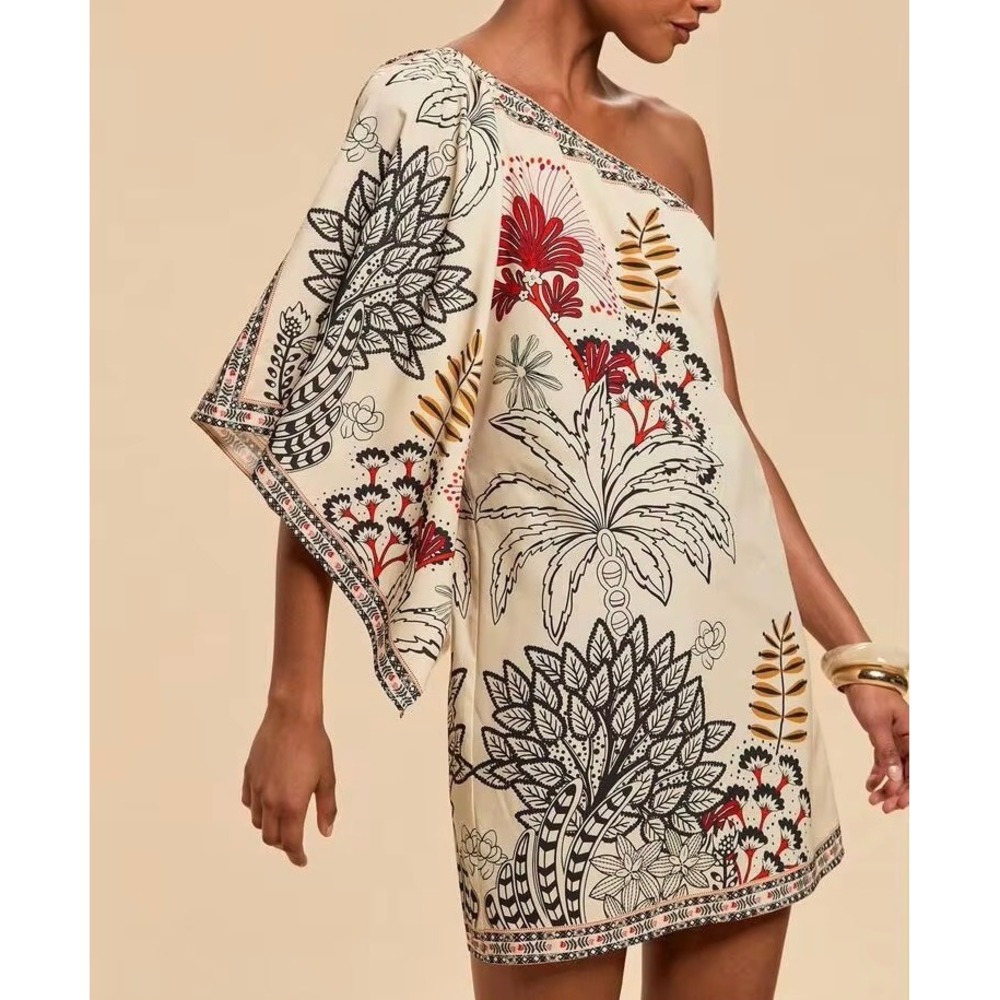Tropical Botanical One Shoulder Mini Dress Cream Red Black M